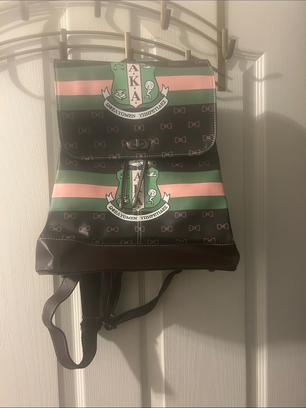 Alpha Kappa Alpha Crest-Print Brown Canvas Backpack with Pink & Green Stripes